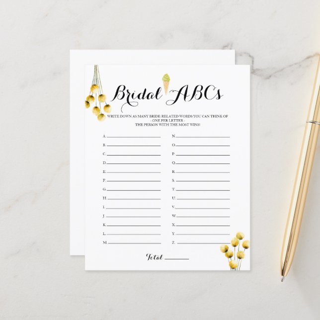 Pistachio Ice Cream Brautparty Bridal ABCs Spiel (Vorderseite/Rückseite Beispiel)
