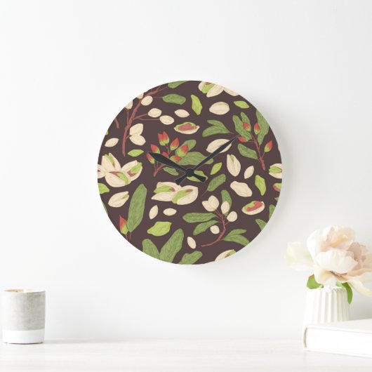Pistachio Nuts: Schwarz Hand Gezeichnet Nahtlos. Große Wanduhr (Zuhause)