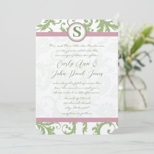 Pistachio Pink Lavender Damask Wedite Invite Einladung (Stehend Vorderseite)