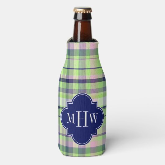 Pistachio Pink Navy Welpe Madras Monogram Flaschenkühler (Flaschenvorderseite)