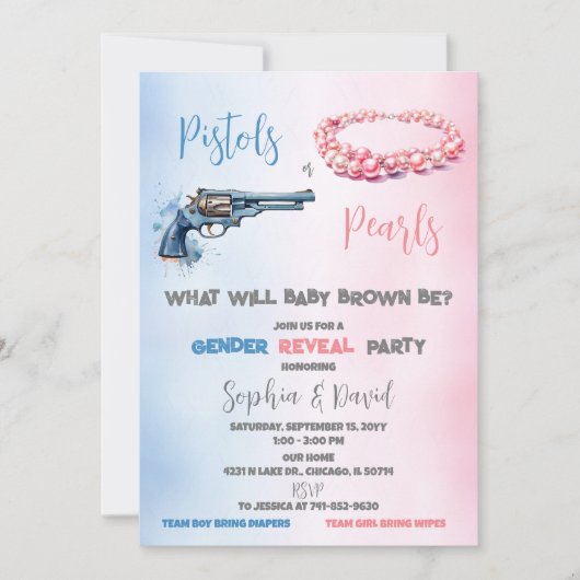 Pistolen oder Perlen Gender Reveal Party Einladung (Vorderseite)