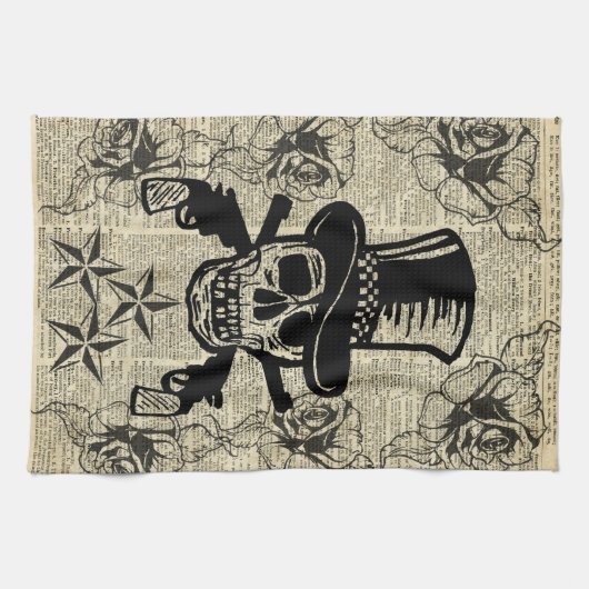 Pistolenheld, glücklicher Schädel, Gewehre, Rosen, Geschirrtuch (Horizontal)