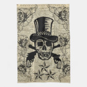 Pistolenheld, glücklicher Schädel, Gewehre, Rosen, Geschirrtuch (Vertikal)