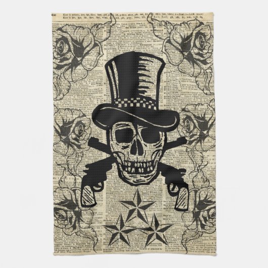 Pistolenheld, glücklicher Schädel, Gewehre, Rosen, Geschirrtuch (Vertikal)