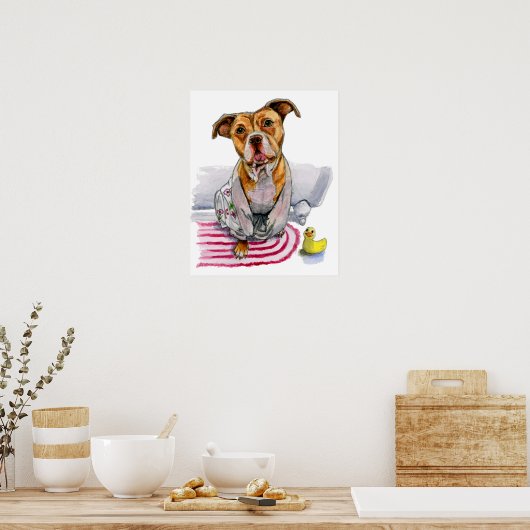 Pit Bull Dog in Bathrobe Aquarellmalerei Poster (Küche)