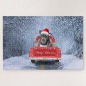 Pit Bull Dog in Snow sitzend im Weihnachtswagen Puzzle (Horizontal)