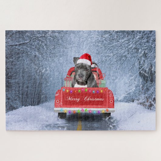 Pit Bull Dog in Snow sitzend im Weihnachtswagen Puzzle (Horizontal)