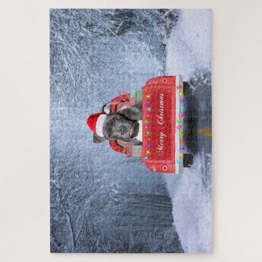 Pit Bull Dog in Snow sitzend im Weihnachtswagen Puzzle (Vertikal)