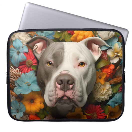 Pit Bull Dog Laptop Tasche mit farbigen Blume (Vorderseite)