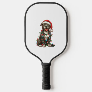 Pit bull Hund Weihnachtslicht Weihnachtsmannmütze Pickleball Schläger