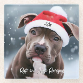 Pit Bull mit Weihnachtsmannmütze Weihnachten Glasuntersetzer