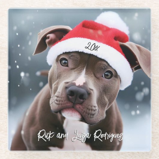 Pit Bull mit Weihnachtsmannmütze Weihnachten Glasuntersetzer (Vorderseite)