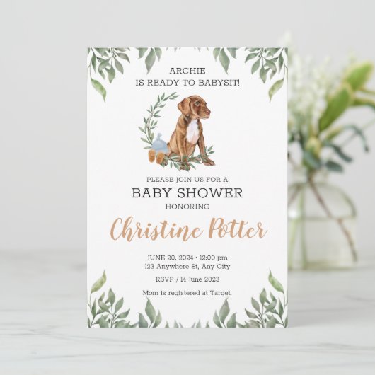 Pit bull Puppy Brown Boho Greenery Baby Shower Einladung (Stehend Vorderseite)