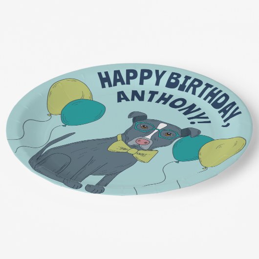 Pit Bull Puppy Dog mit Brille und Balloons Pappteller (Schrägansicht)