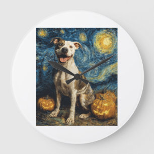 Pit Bull Süßer Hund Halloween Jack O Lantern Kürbi Große Wanduhr
