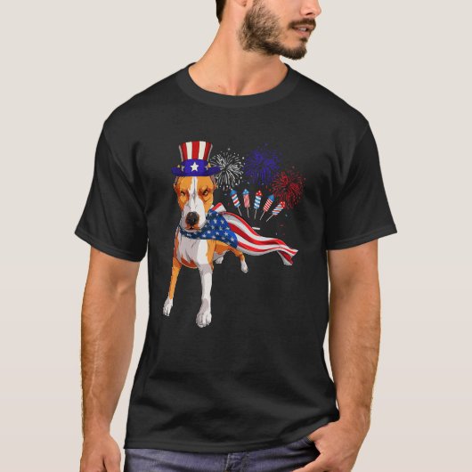 Pit Bull Tragen amerikanische Fahne Feuerwerk 4. J T-Shirt (Vorderseite)