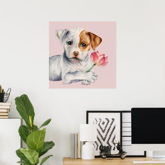 Pit Bull Welpe Holding Lotus Blume Malerei Poster (Heimbüro)