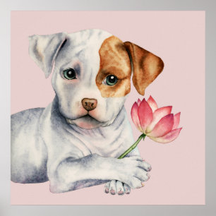 Pit Bull Welpe Holding Lotus Blume Malerei Poster