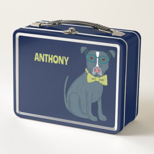 Pit Bull Welpenhund mit Brille Personalisiert Metall Brotdose (Vorderseite)