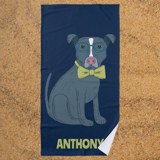 Pit Bull Welpenhund mit Brille Personalisiert Strandtuch