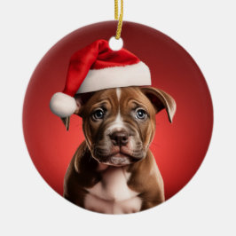 Pit Bull Welppy in Weihnachtsmannmütze Keramik Ornament