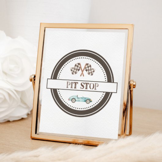 Pit-Stop-Schild mit blauem Rennwagen Poster