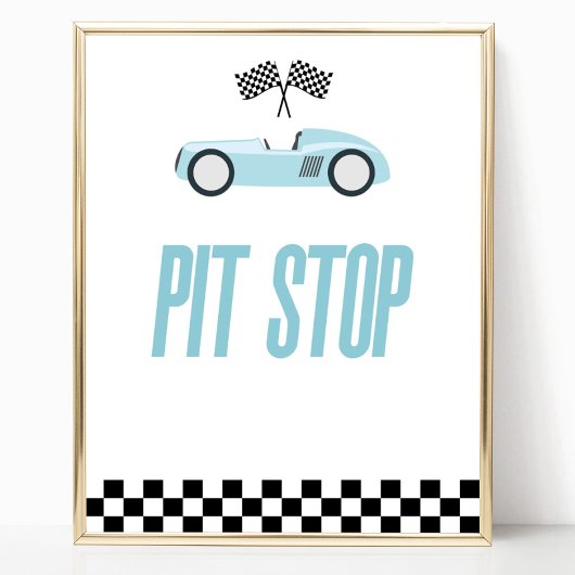 Pit Stopp Blue Flame Race Auto Party Table Sign Poster