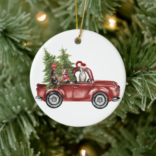 Pitbuli auf dem Auto Weihnachtsgeschenk Weihnachte Keramik Ornament (Baum)