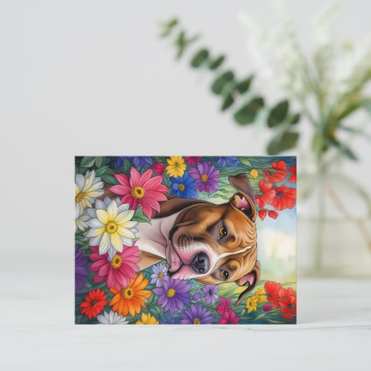 Pitbuli im Blumengarten Postkarte (Stehend Vorderseite)