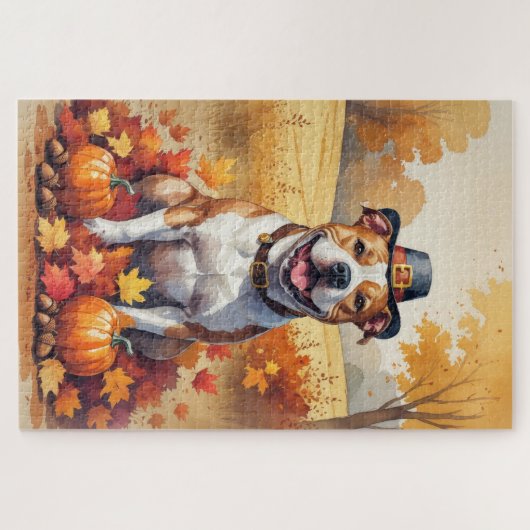 Pitbuli im Herbst hinterlässt Erntedank Kunst Puzzle (Horizontal)