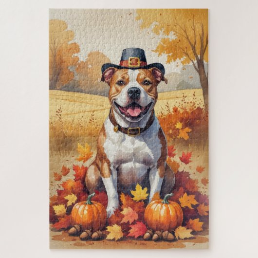 Pitbuli im Herbst hinterlässt Erntedank Kunst Puzzle (Vertikal)