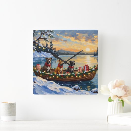 Pitbull Christmas Boat Holiday Quadratische Wanduhr (Zuhause)