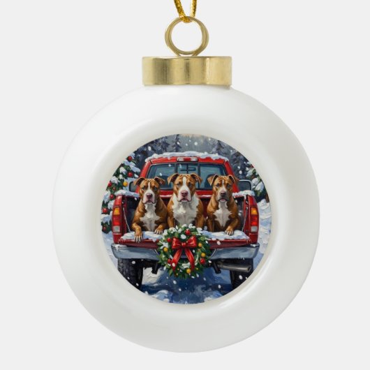 Pitbull Christmas Red Truck Holiday Keramik Kugel-Ornament (Vorderseite)