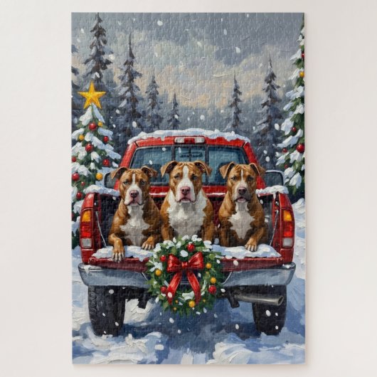 Pitbull Christmas Red Truck Holiday Puzzle (Vertikal)