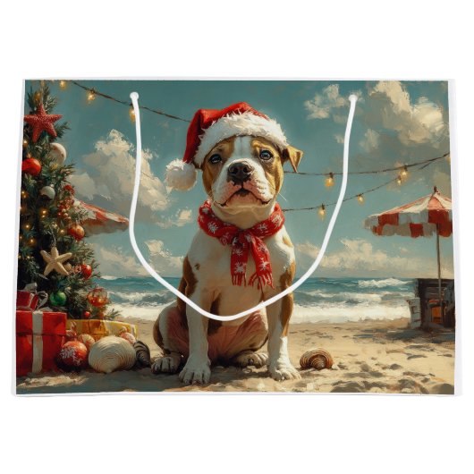 Pitbull Dog Christmas Vintag Beach Große Geschenktüte (Vorderseite)