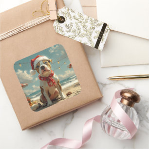 Pitbull Dog Christmas Vintag Beach Quadratischer Aufkleber