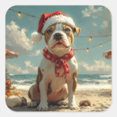 Pitbull Dog Christmas Vintag Beach Quadratischer Aufkleber (Vorderseite)