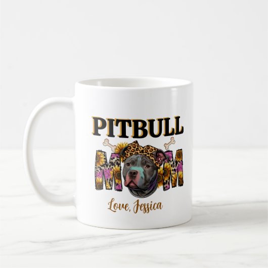 Pitbull Dog Mama Leopard Printblumen Kaffeetasse (Links)