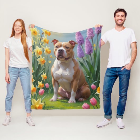 Pitbull Dog Spring Blumen Malerei Fleecedecke (Beispiel)