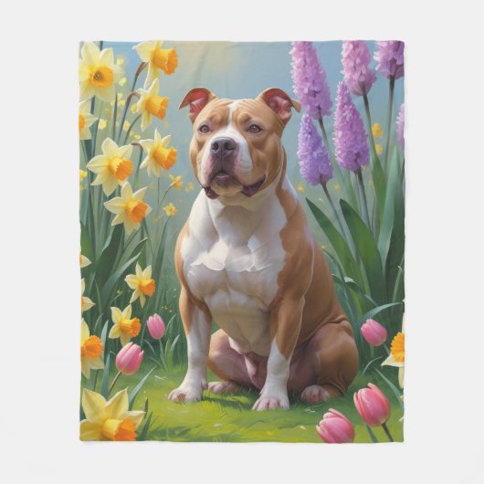 Pitbull Dog Spring Blumen Malerei Fleecedecke (Vorderseite)