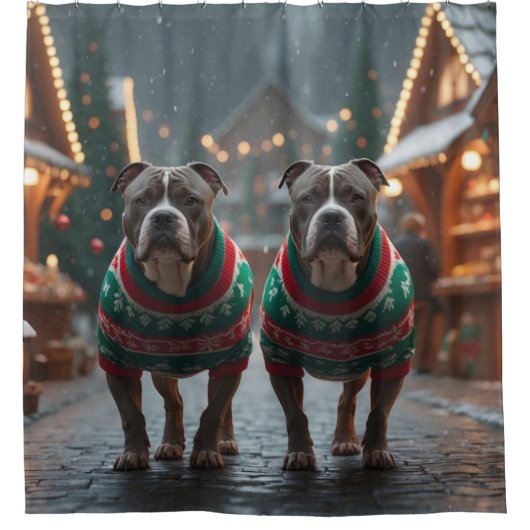 Pitbull Dogs Christmas Snow Holiday Duschvorhang (Vorderseite)