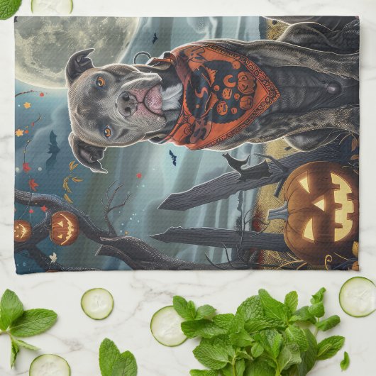 Pitbull Halloween Spooky Geschirrtuch (Gefaltet)