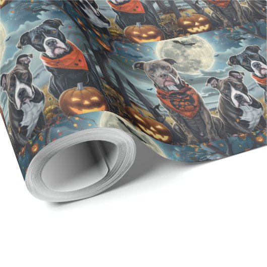 Pitbull Halloween Spooky Wrapping Paper Geschenkpapier (Rolleneckpunkt)