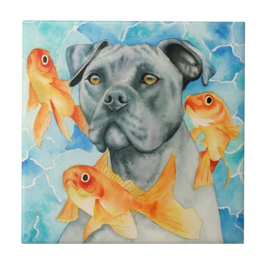 Pitbull-Hund des Wächter-| und Goldfisch-Aquarell Fliese (Vorderseite)