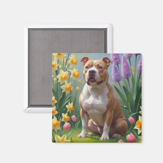 Pitbull-Hund-Frühlingsblumen-Gemälde Magnet (Vorderseite/Rückseite)