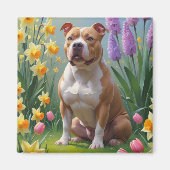 Pitbull-Hund-Frühlingsblumen-Gemälde Magnet (Vorne)