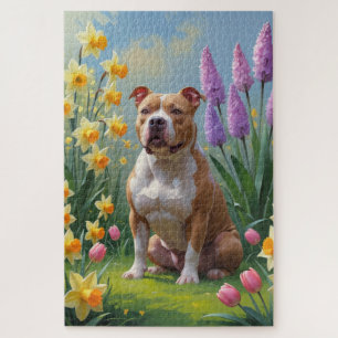 Pitbull-Hund-Frühlingsblumen-Malerei Puzzle