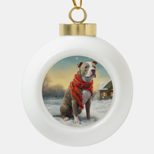 Pitbull Hund im Schnee Weihnachten Keramik Kugel-Ornament (Vorderseite)