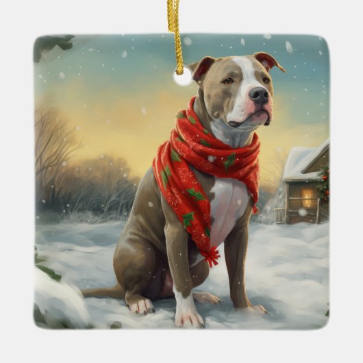 Pitbull Hund im Schnee Weihnachten Keramikornament (Vorderseite)