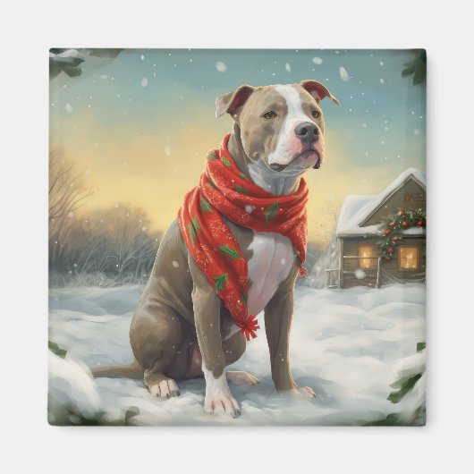 Pitbull Hund im Schnee Weihnachten Magnet (Vorne)